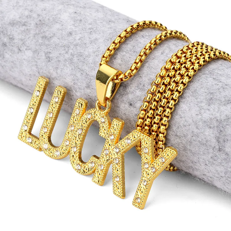 Plaqué or breloque lettre pendentif chanceux collier CZ cristal mode Hip Hop bijoux longue chaîne bonne chance pour hommes femmes cadeau