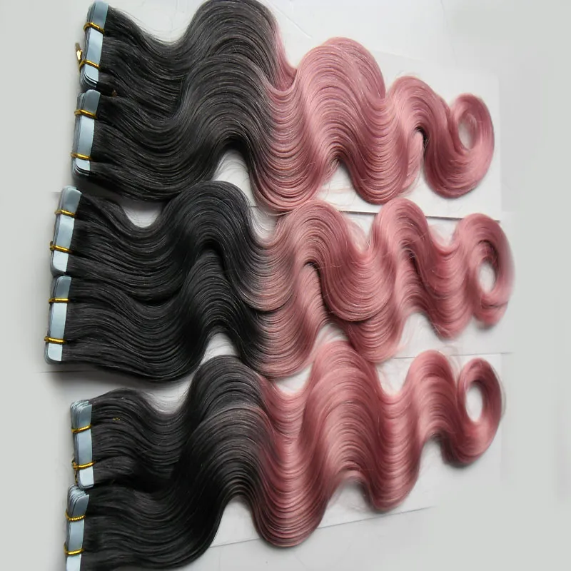 Rey ombre human hair Tape in hair extensions body wave 300g #1B / Pink ombre The entire head of hair