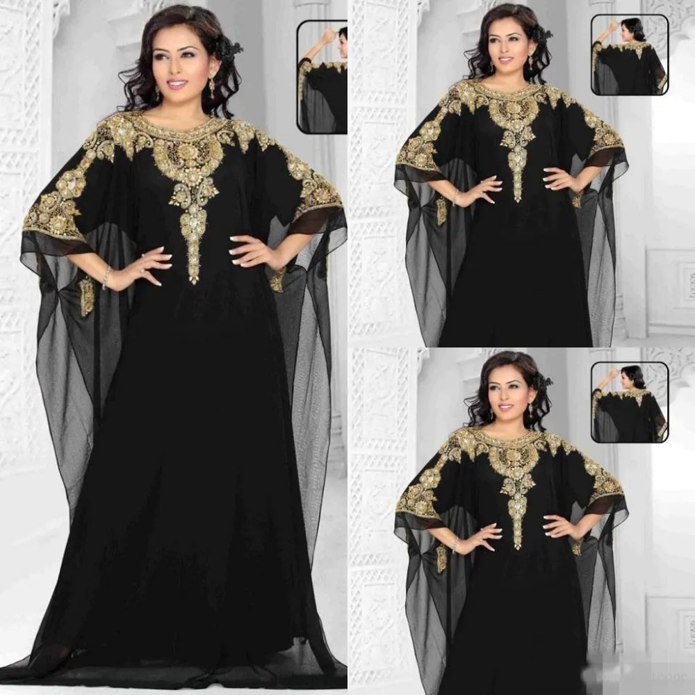 Arabic Muslim Evening Dresses A Line Gold and Black Sequins Beaded Plus Size Formal Party Wear Long Special Occasion Dress