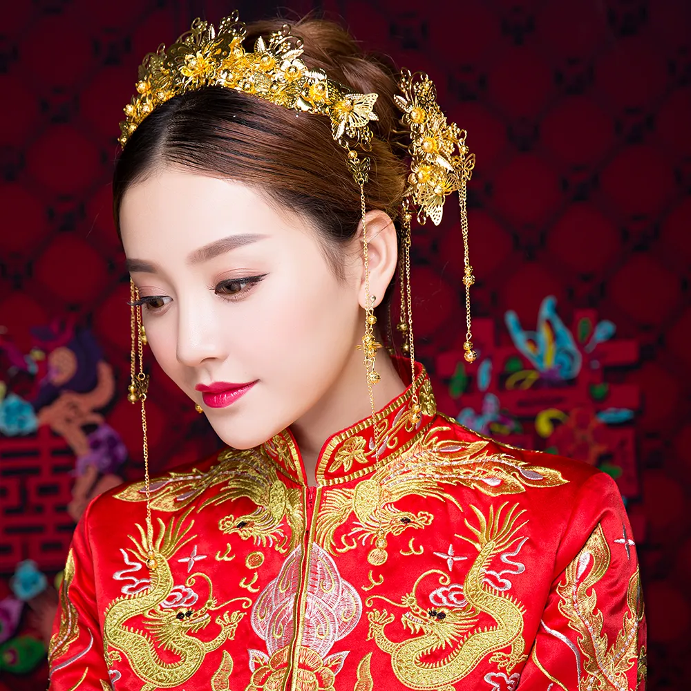 New Classical Gold Color Chinese Traditional Hair Jewelry Tassel Hairbands Coronet Hairpins Earrings Bridal Wedding Bijoux Gifts5376774