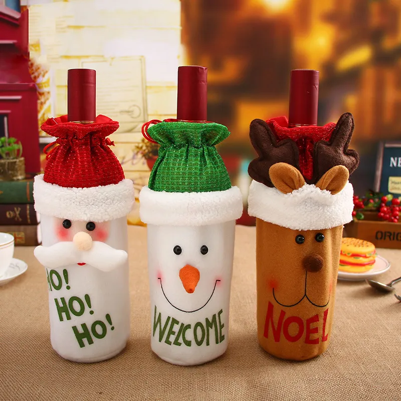 Décorations de vaisselle de Noël mignon Père Noël bouteille de vin rouge couverture sacs mignon flanelle porte-cadeaux de Noël décoration de table de dîner