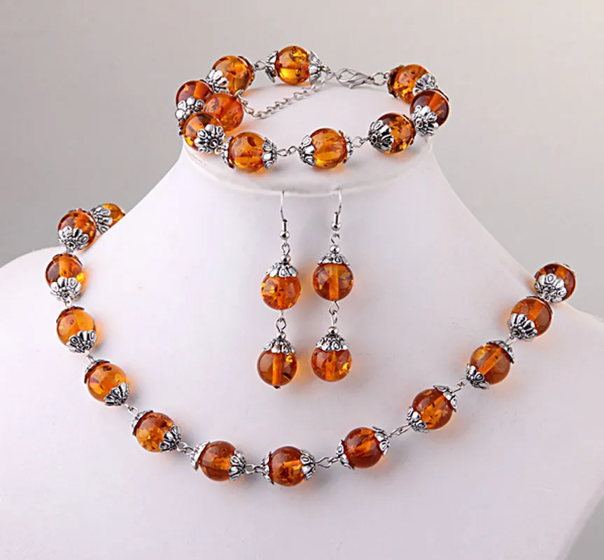 Fashion Tibet Silver Round Amber Pärlor Halsband Armband Örhängen Set med 0,47 "DIY MANUAL Amber Suit