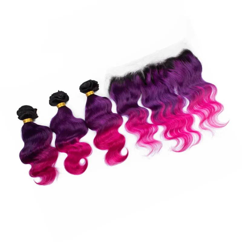 Three Tone Human Hair Wefts With Lace Frontal Closure 1b Purple Pink Ombre Hair With Lace Frontal Closure 