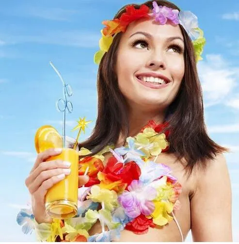 10 sztuk / partia Styl Hawajski Kolorowe Laver Beach Theme Luau Party Garland Naszyjnik Wakacje Fajne Dekoracyjne Kwiaty