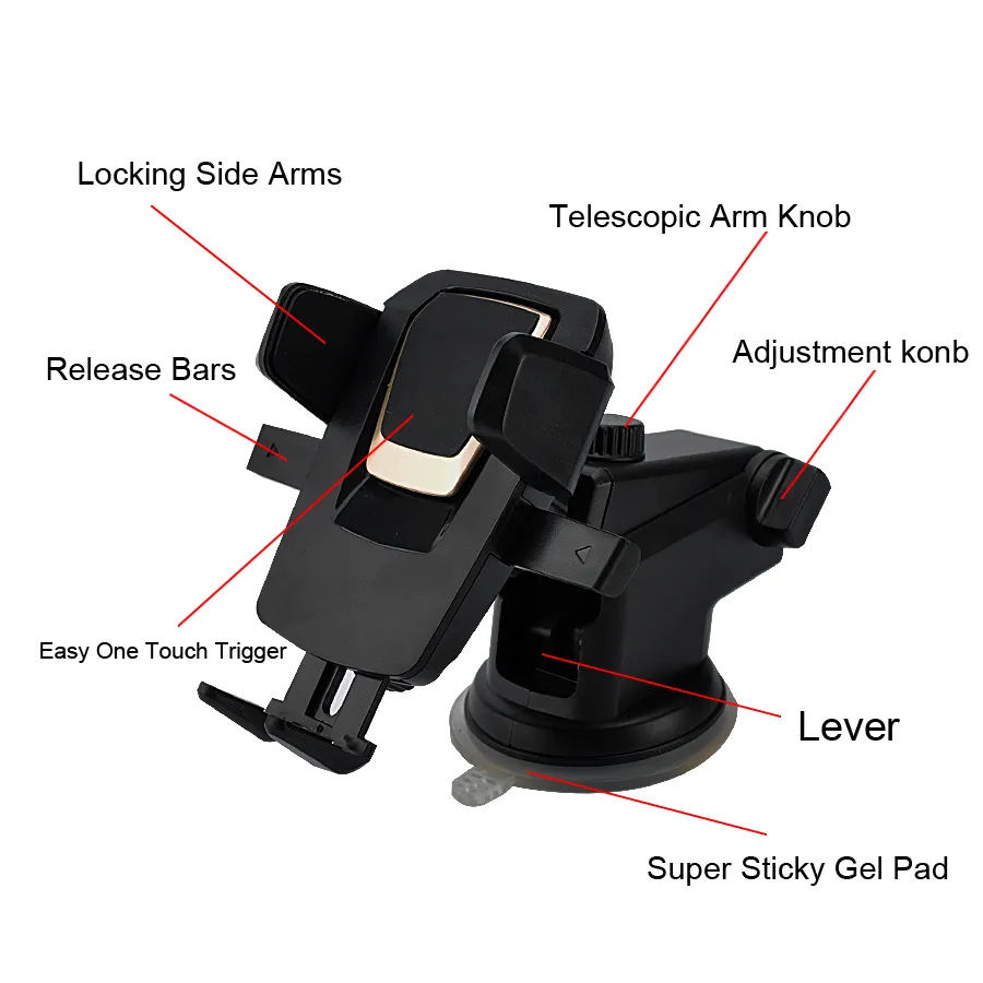 Universal 360 grader Easy One Touch Car Mount för iPhone X Max Handfree Smart Cellphone Holder Sugkopp Vagga Stativhållare med paket