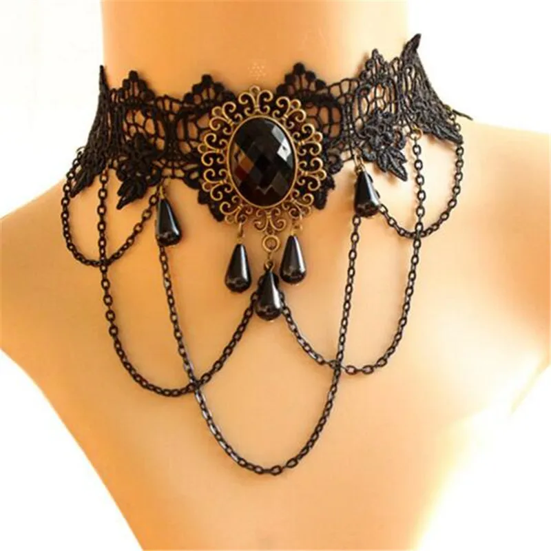 Collana girocollo in cristallo gotico, tatuaggio vintage, nappa, stile punk, ciondolo in pizzo, gioielli da sposa per le donne, dichiarazione di collare falso, regalo di Halloween