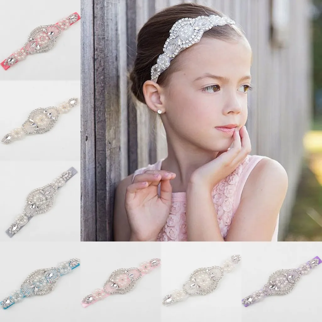 Bling stretchy elastisk blomma flicka huvud bitar med kristaller rhinestones pärlor spädbarn toddler liten tjej nyfödda baby huvudband 12 färger