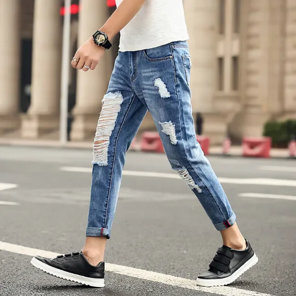Casual Loose Men Capris Denim Blue Big Ripped Straight Pants Harem
