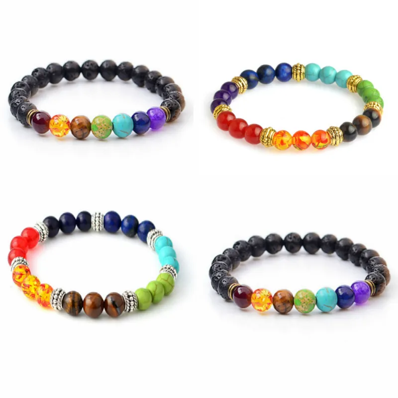 Multicolore 7 Chakra Guérison Équilibre Perles Bracelet Mat Agate Pierre Naturelle Lave Yoga Vie Énergie Bracelet Femmes Hommes Casual Bijoux