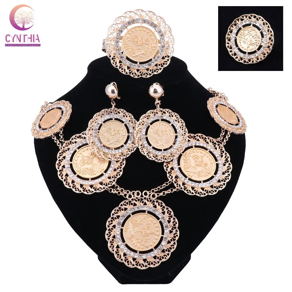 Fashion Italian Dubai Abaya Long Jewelry Sets Gold Coins Women African Gold-Plated Crystal Wedding Costume Necklace Earrings Set