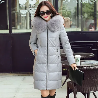 Nouveau cuir de peau de mouton véritable pour femmes fourrure de renard naturel à capuche duvet de canard blanc moyen long chaud parka manteau casacos 5XL