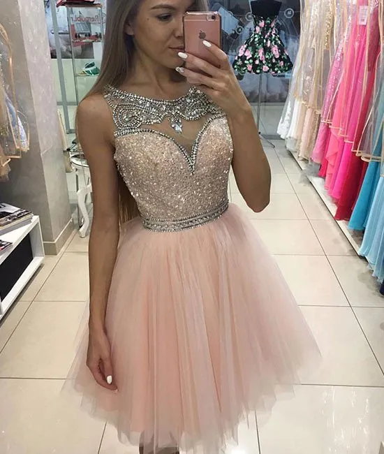 Sparkly Short Homecoming Dresses Juniors 2017 Jewel Neckline con perline di cristallo senza maniche in tulle Prom Dress Blush Pink Cocktail Party Gown