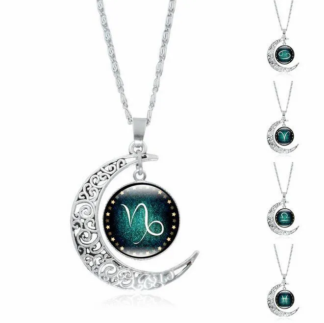 12 Zodiac Signs Halsband Retro Tolv konstellationer Cabochon Glas Time Gem Moon Pendant Halsband Gratis Frakt