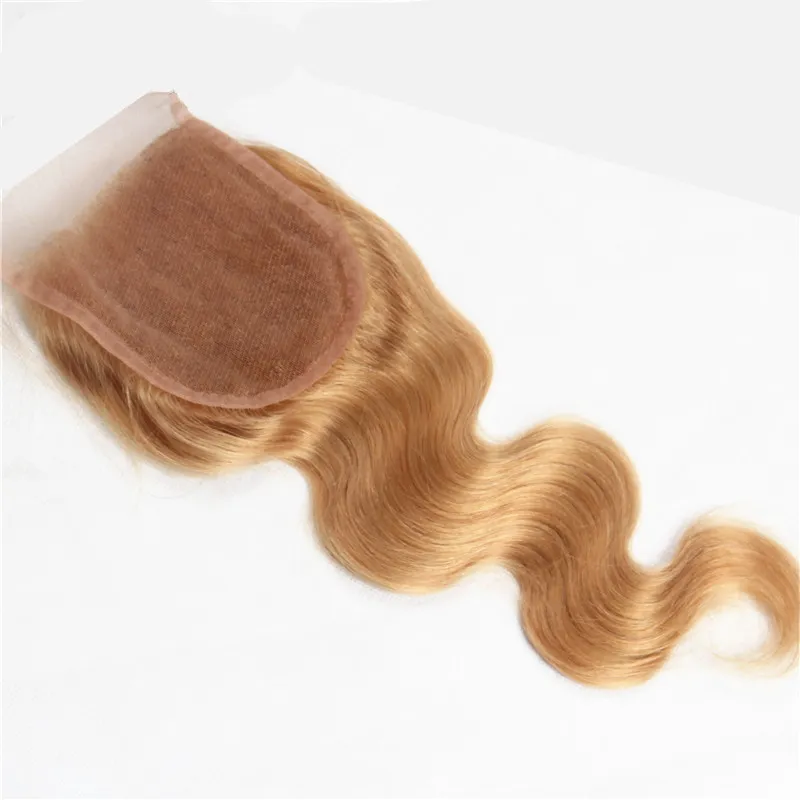 Braziliaanse Honing Blonde Body Wave Haar Weefsels met Kantsluiting 27 Aardbei Blonde Menselijk Haarbundels met Three Middle 3 Deel Bovenste sluiting