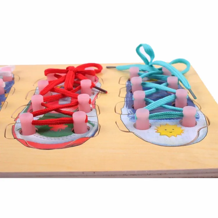 Cute Learn Tie Shoe Lace Toy Teaching Toy Wooden Puzzles Board Lacing Shoelace Kids Early Education Montessori Toy