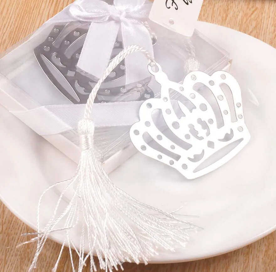 Silver Stainless Steel White Tassel Crown Bookmark For Wedding Baby Shower Party Birthday Favor Gift Souvenirs