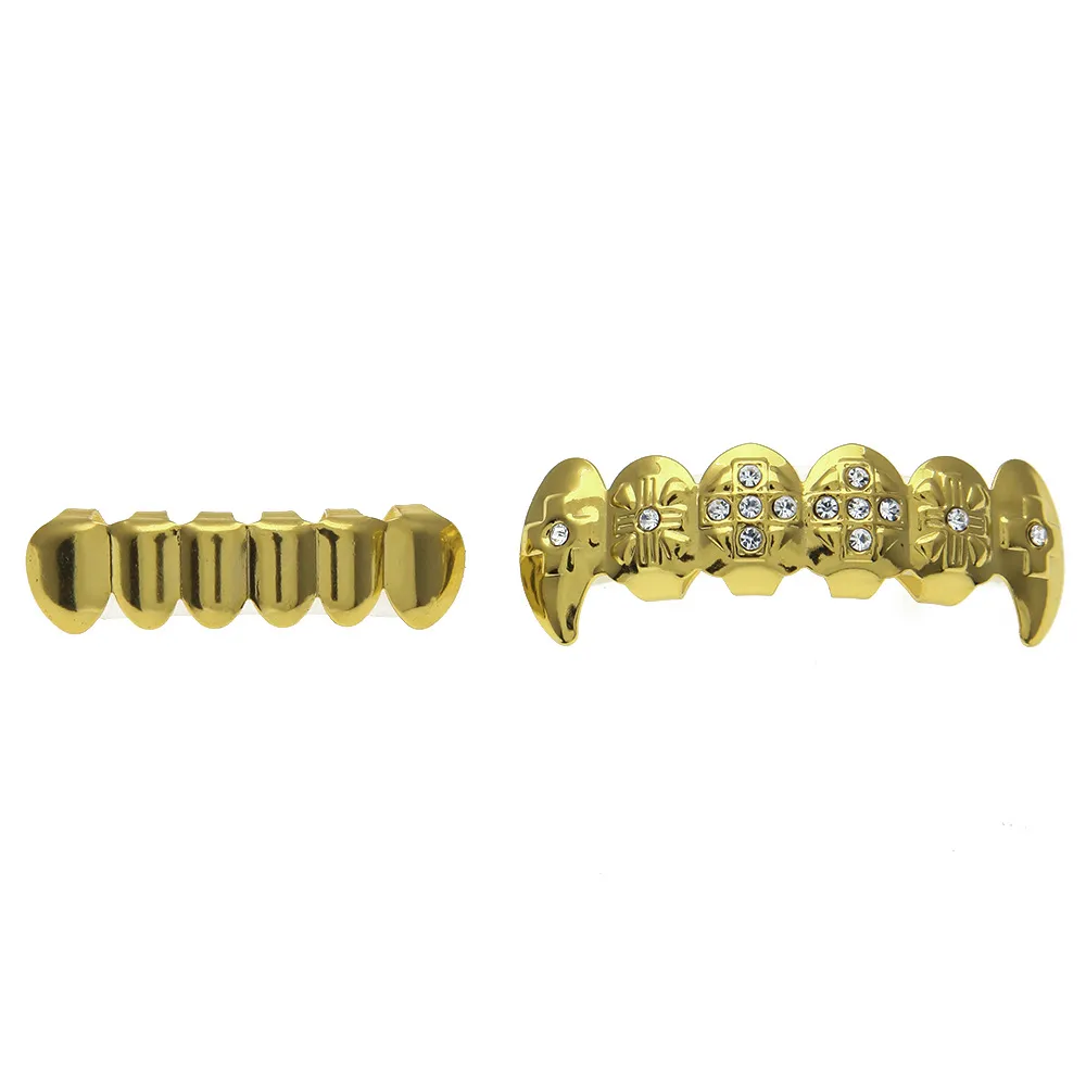 18k Real Позолоченные замороженный Out CZ Rhinestone Hip Hop Зубы Рот Grillz Caps Top Bottom Grill Set вампирские зубы Рождественский подарок