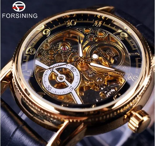 Forsining Hollow Englaving هيكل عظمي مصمم أسود Golden Gear Gear Men Top Brand Watches