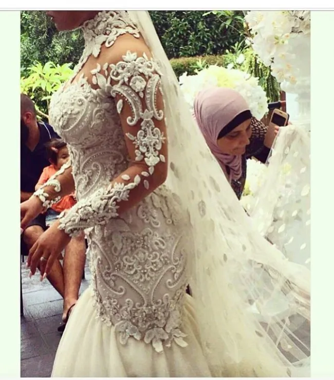 Dubai High-Neck Mermaid Wedding Dresses Bridal Gowns Sheer Long Sleeves Beaded Lace Applique Wedding Gown Sexy Tulle Long Bridal Dress