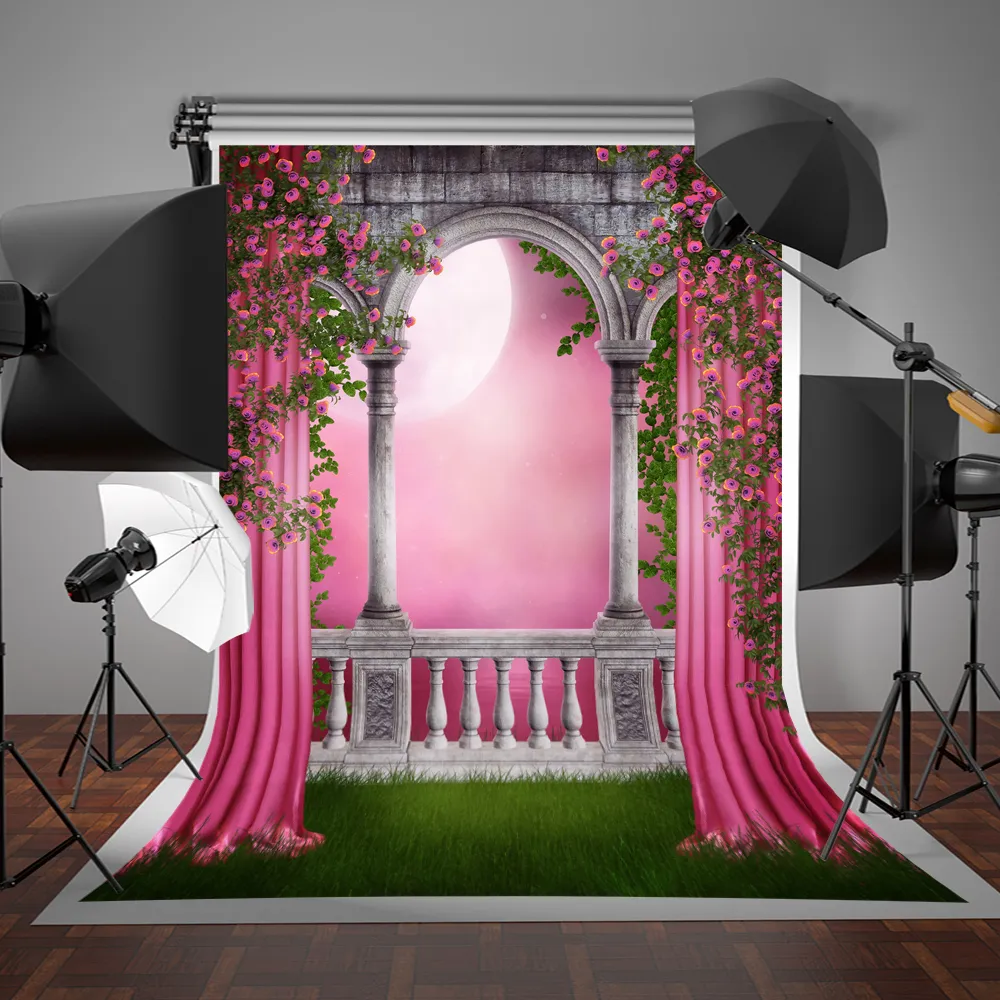 Susu Spring Photo Studioの背景ガーデンギャラリーピンクのカーテン写真の背景の背景結婚式の写真の小道具のためのバルコニー5x7ft