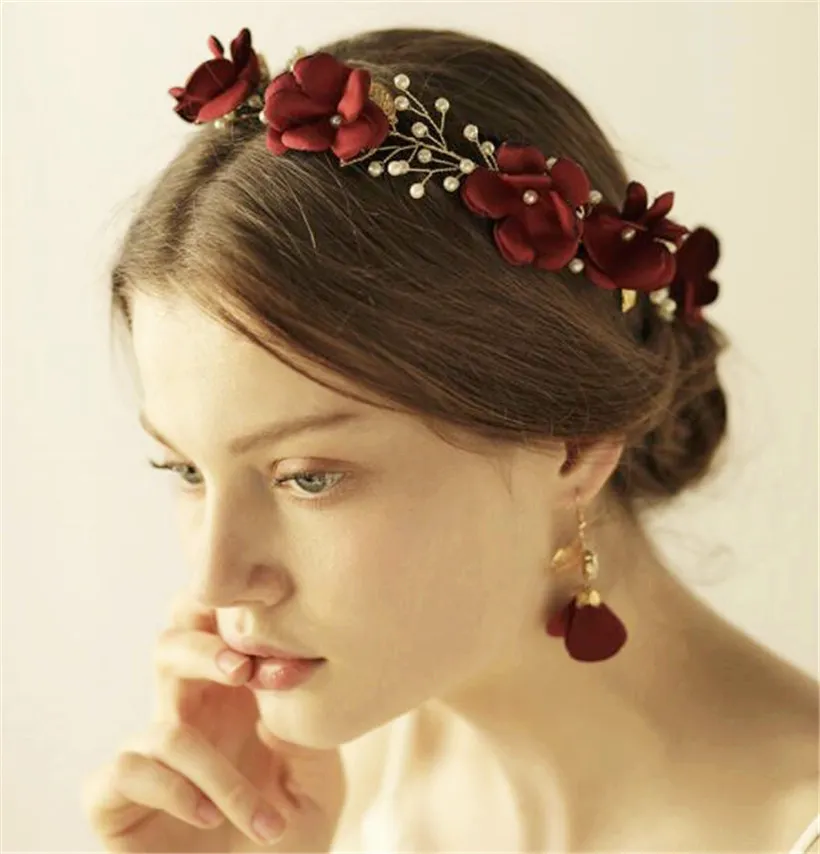 Silk Flower Crown Headband Red Rose with Gold Crystal Leaf  display picture 3