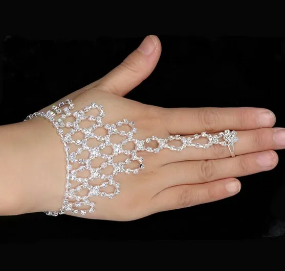 Bruiloft sieraden rhinestone vinger ring hand harnas hand harnas bangle bruids vinger ring hand armbanden