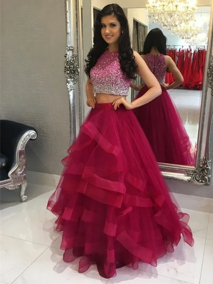 Sparkly Two Piece Prom Dresses Juvel ärmlösa paljetter med pärlor med tiered Tulle Ball Gown Navy Blue Red White Prom Dress Sweet 162556617