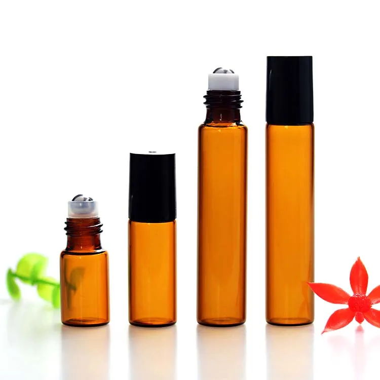 5ml 1 / 6oz bursztynowe szklane rolki na butelce Refillable Essential Oil Perfumy metalowe rolki rolki na butelce Czapka Podróż przenośna