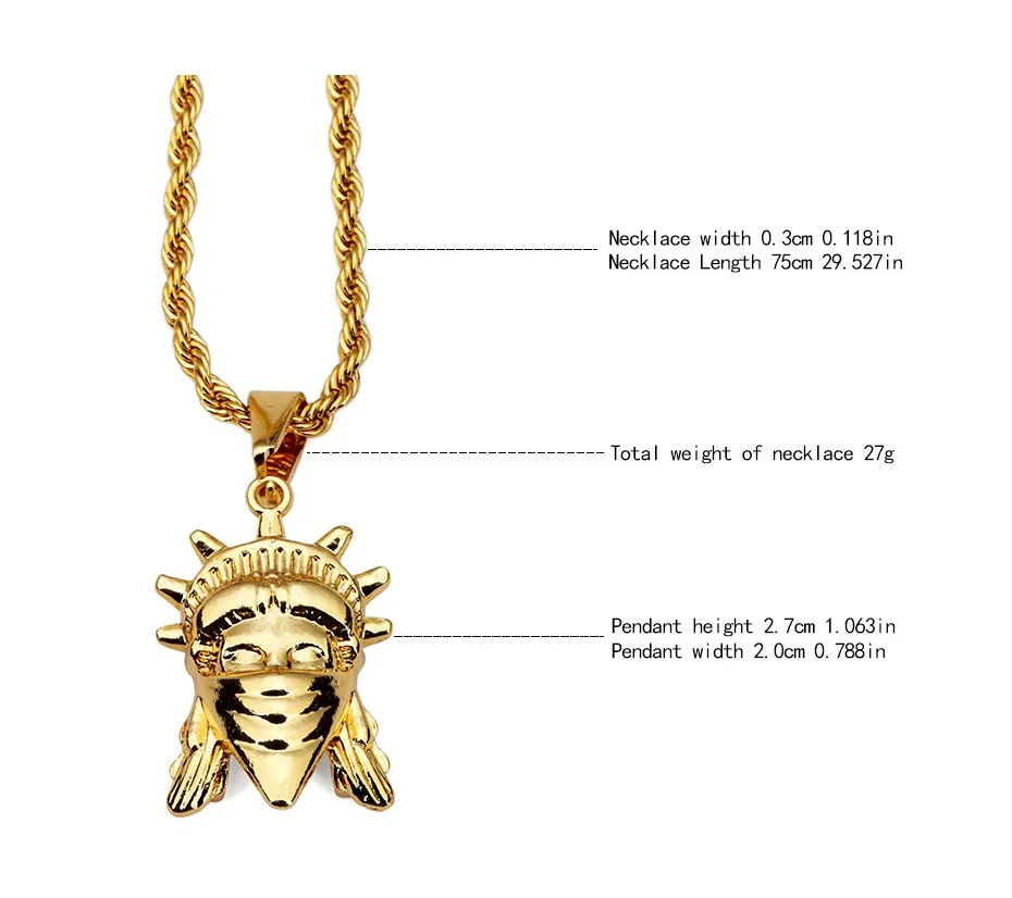 Ювелирные изделия в стиле хип-хоп, позолоченные, американский повстанец, статуя Свободы, кулон, ожерелье, женская мятежная богиня в маске, подарок