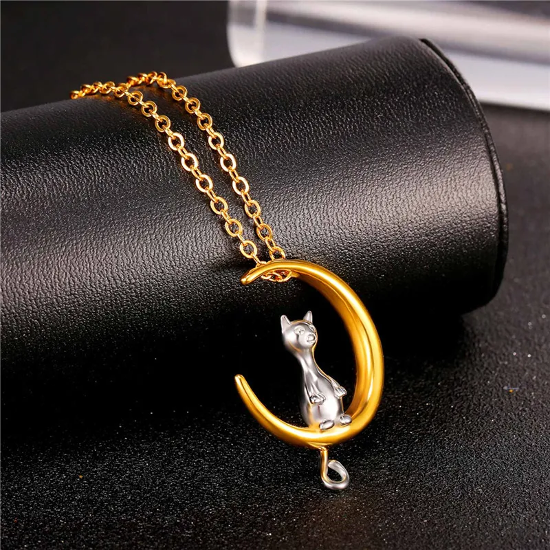 18 Karat Reales Gold Überzog Nette Katze Mond Anhänger Halskette Qualität 316L Edelstahl Schmuck für Frauen