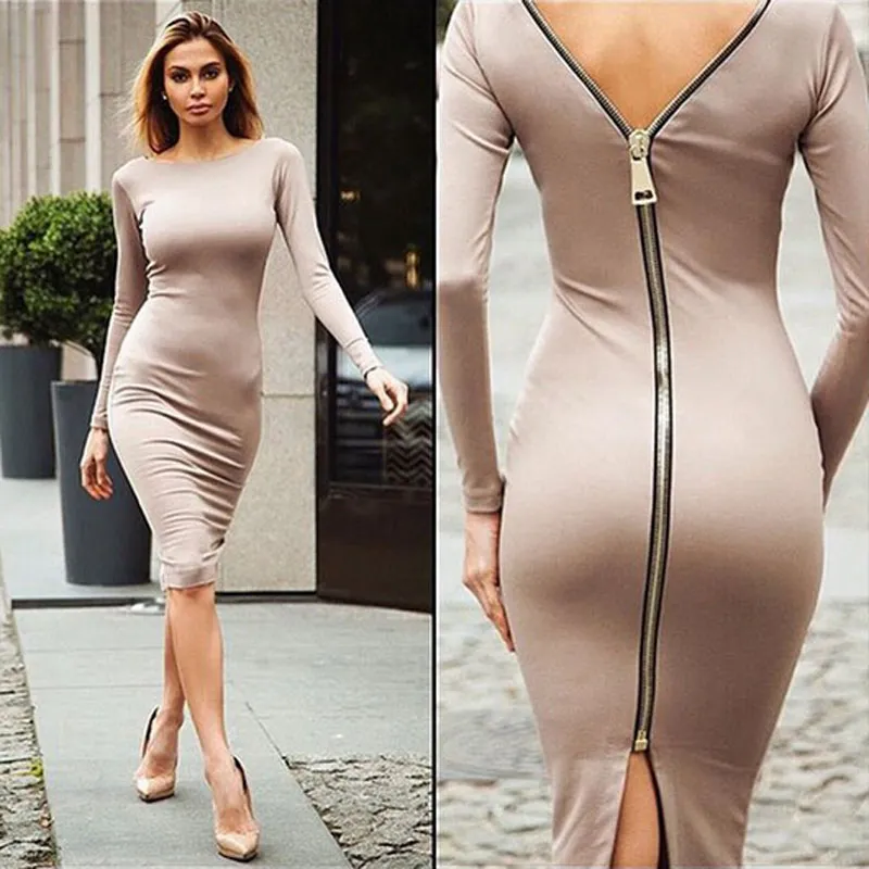 Fashion Black Long Sleeve Party Dresses Women Clothing Back Full Zipper Robe Sexy Femme Pencil Tight Dress