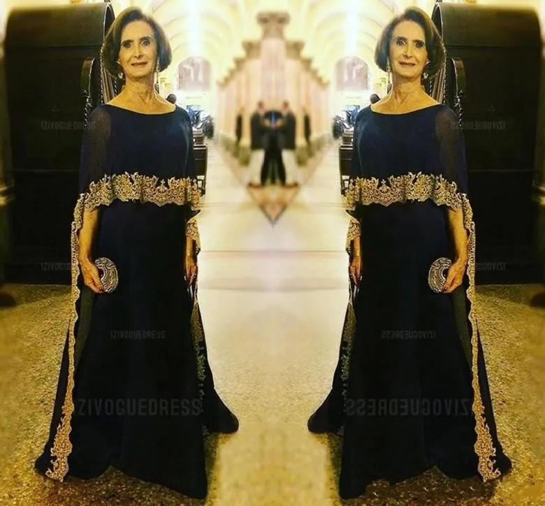 2020 Luxe marine blauwe moeder van de bruid jurken juweel nek goud kant appliques chiffon halve mouwen met wrap party jurk avondjurken