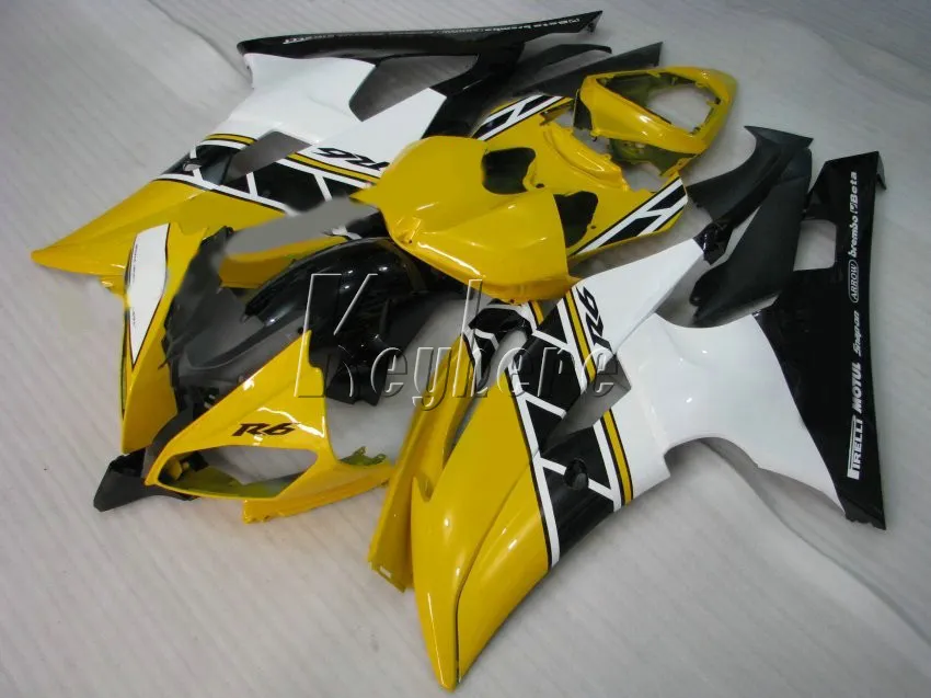 100% passform för Yamaha Injection Mote Fairings YZF R6 08 09 10 11-15 Gul Vit Svart Motorcykel Fairing Kit YZFR6 2008-2015 YT24