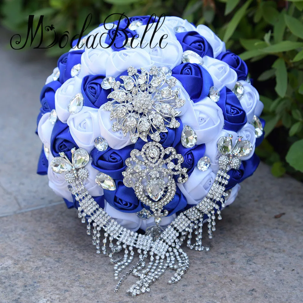 Modabelle Champagne Goud Kunstmatige Bruiloft Boeketten Broche Boeket Vestido de Noiva Crystal Wedding Bouquets Royal Blue