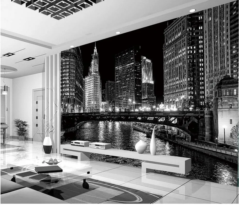 Zwart -witte stad Night Murals Mural 3D Wallpaper 3D Wall Papers voor tv -achtergrond3677219