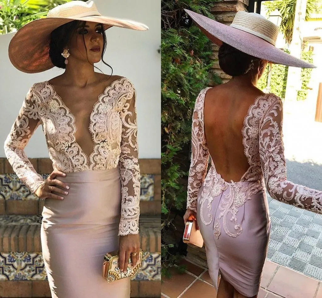 Sexy Backless Champagne Short Evening Dresses Deep V Neck Illusion Bodice Appliques Lace Sheath Satin Long Sleeves Formal Party Dresses