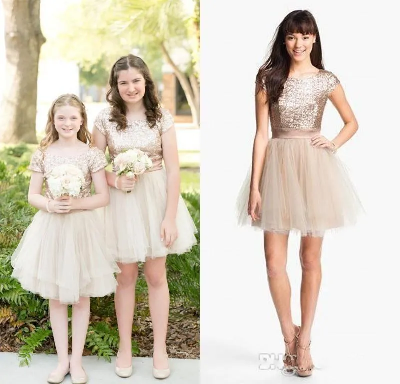 Junior Bridesmaid Dresses Champagne Sequin Top Short Wedding Bridesmaid Dress Tulle Tutu Skirt Party Dress för Junior Flower Girl Dress