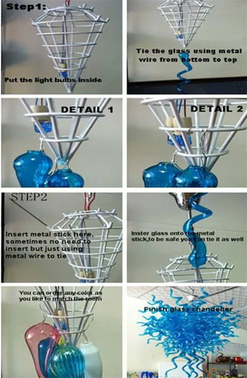 핸드 블로운 블루 샹들리에 가벼운 사용자 정의 무라노 LED 전구 아트 유리 홈 장식 천장 샹들리에
