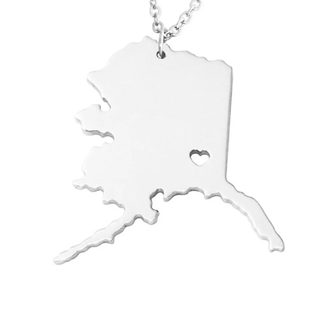 Wholesale fashion Alaska State Charm Necklace, 18K Rose Gold AK State Card Necklaces, The State Shaped Necklace With A Heart