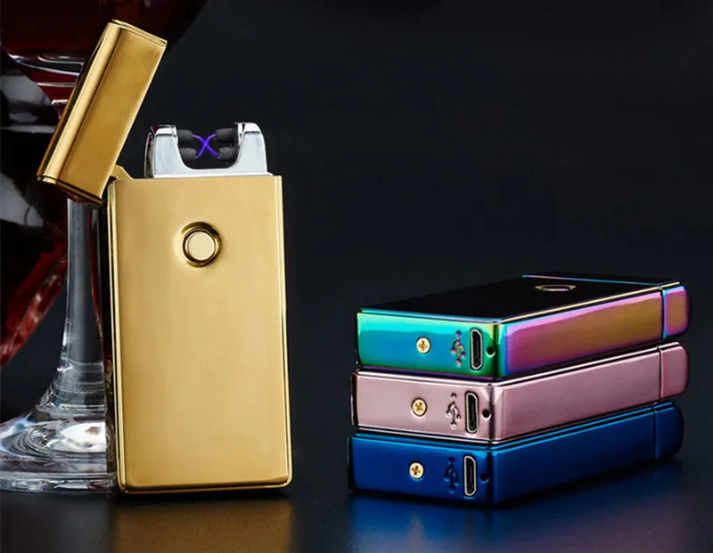 Electronic Lighter DUAL Arc Windproof Ultra-thin Metal Pulse USB Rechargeable Flameless Electric Arc Cigar Cigarette Lighter