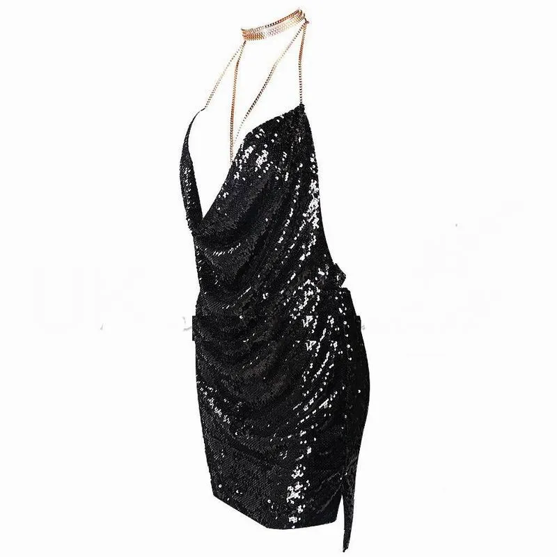 Cocktail Dresses Sexy Elegant Womens Backless Sequin Dress Ladies Kendall Chain Choker Slip Dress Evening Party Prom Gowns