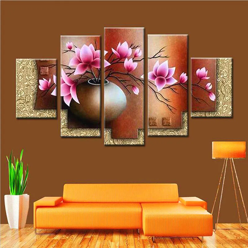 Enquadrado Grande Pintura Flor moderna da lona óleo pintados à mão 5 Painel Definir Home Living Room Decor Imagem Wall Art AMF8