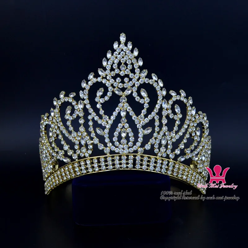 Beauty Pageant Award Goud Contoured Verstelbare Kroon En Tiara Strass Kristal Bruids Bruiloft Haar Sieraden Klassiek Zilver Goud 320G