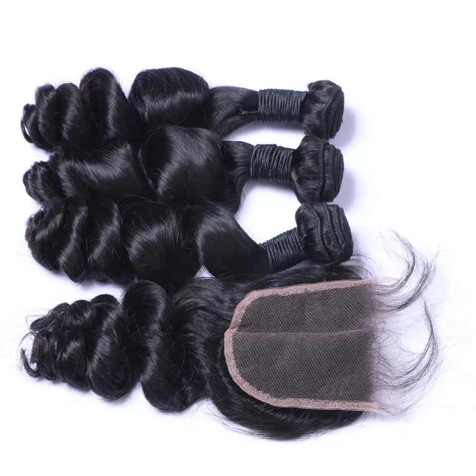 Brazilian Loose Wave Hair Weaves 3 Bundles with Closure Free Middle 3 Part Double Weft Human Hair Extensions Human Hair Weave