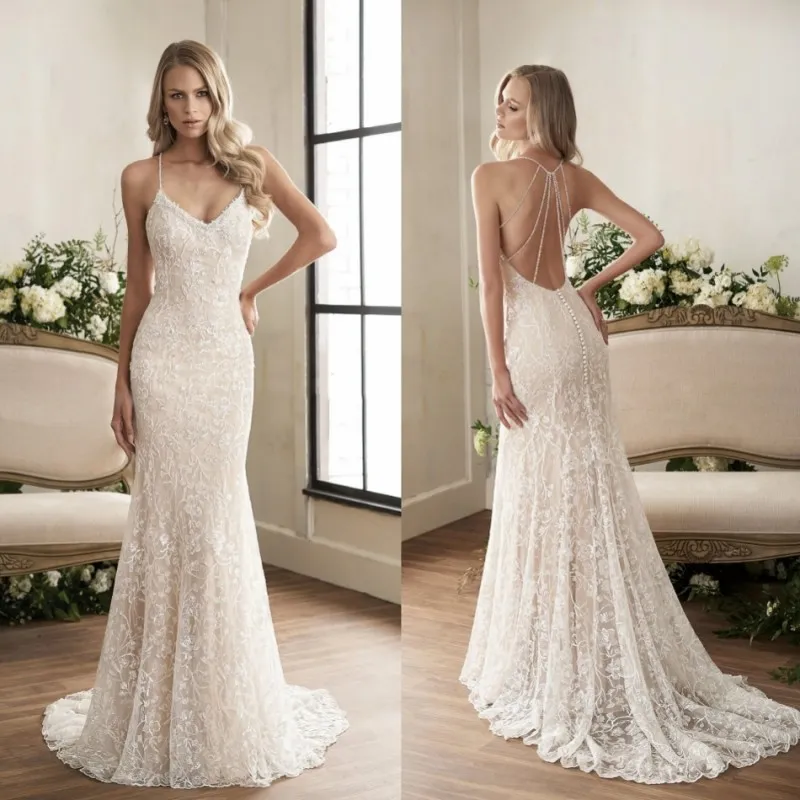 Jasmine 2019 Vestidos de novia de sirena de cristal Vestido De Novia Escote de espagueti sexy Vestidos de novia sin espalda Vestido de novia de trompeta de encaje completo