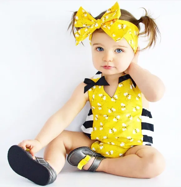 Baby Girls Cartoon Bee Rompers with Headband Baby 2017 Latest Summer Boutique Clothing Hot Sale Infant Girls Clothing Toddlers Jumpsuits
