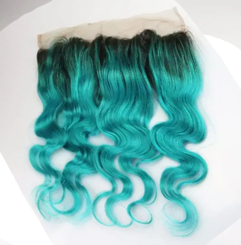 Duas extensões do cabelo da onda do corpo de Ombre da raiz escura verde do tom 1B com Frontals Weave brasileiro do cabelo de turquesa 3 pacotes com fechamento frontal do laço