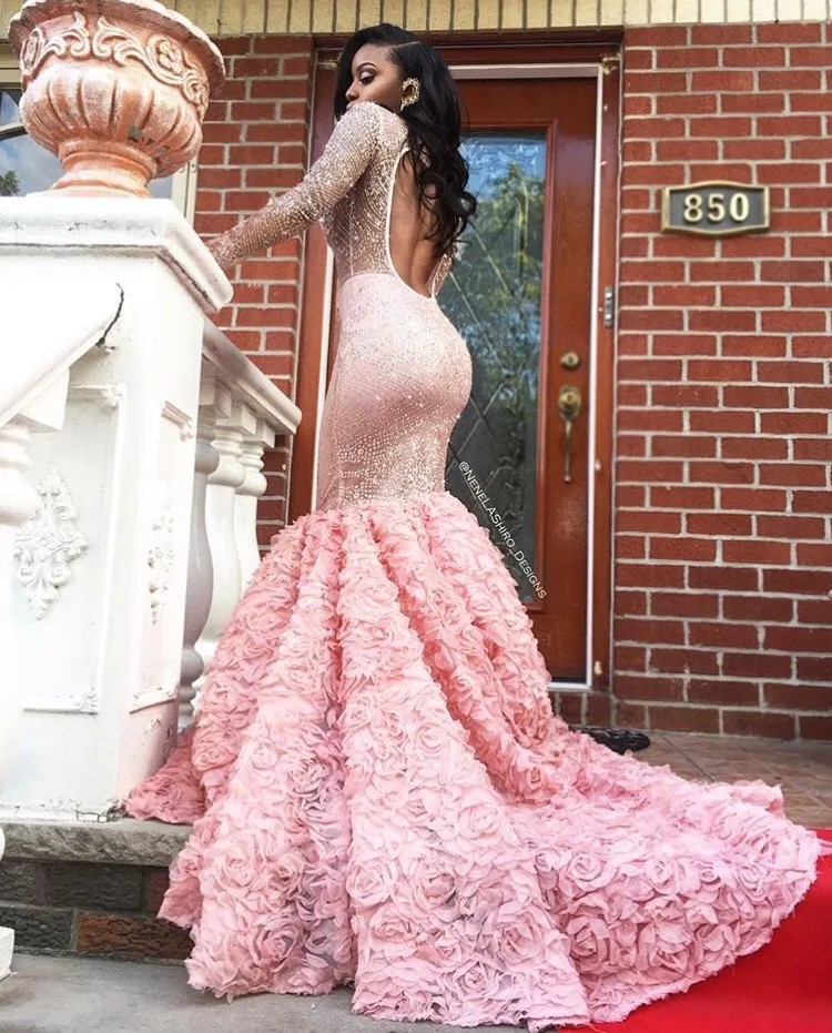 Glittering Pink Backless Mermaid Prom Dresses With Beading Rose Flowers Keyhole Back Sexy Evening Gowns Formal Party Dresses Sweep Train