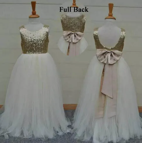 Échantillon réel de haute qualité fleur filles robes paillettes d'or scintillantes enfants longues robes de soirée de mariage formelles sans manches dos ouvert arc ceinture