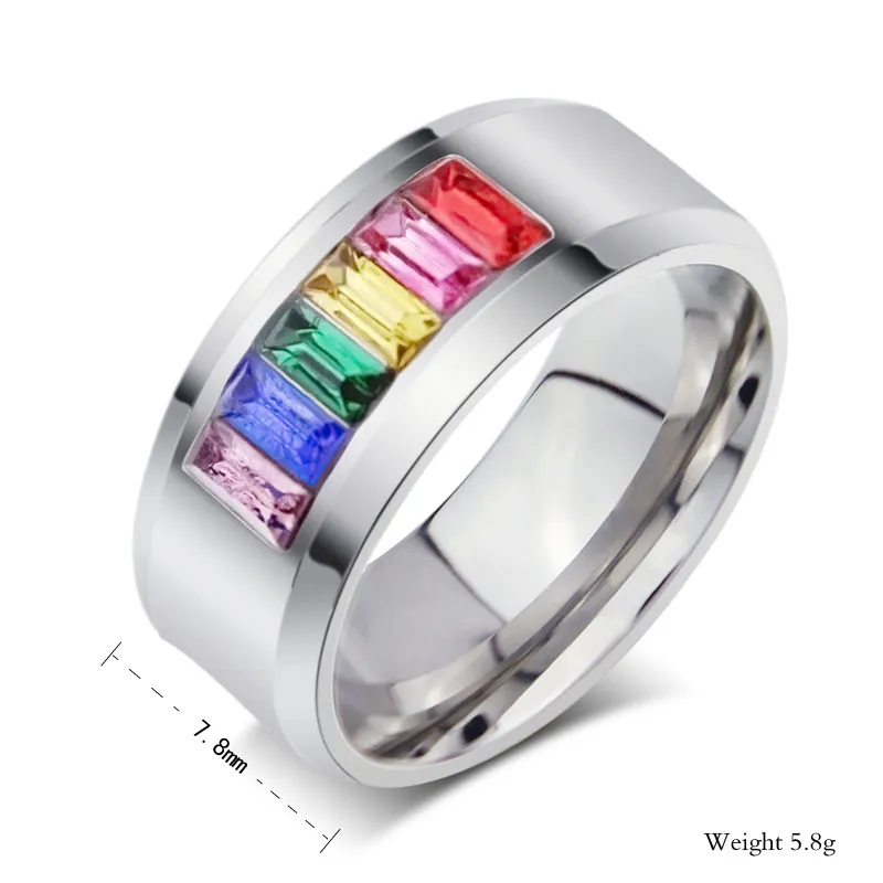 Färgrik regnbåge kristall ring titan rostfritt stål fingerringar ädelsten par ring man kvinnor bröllopsfest present smycken